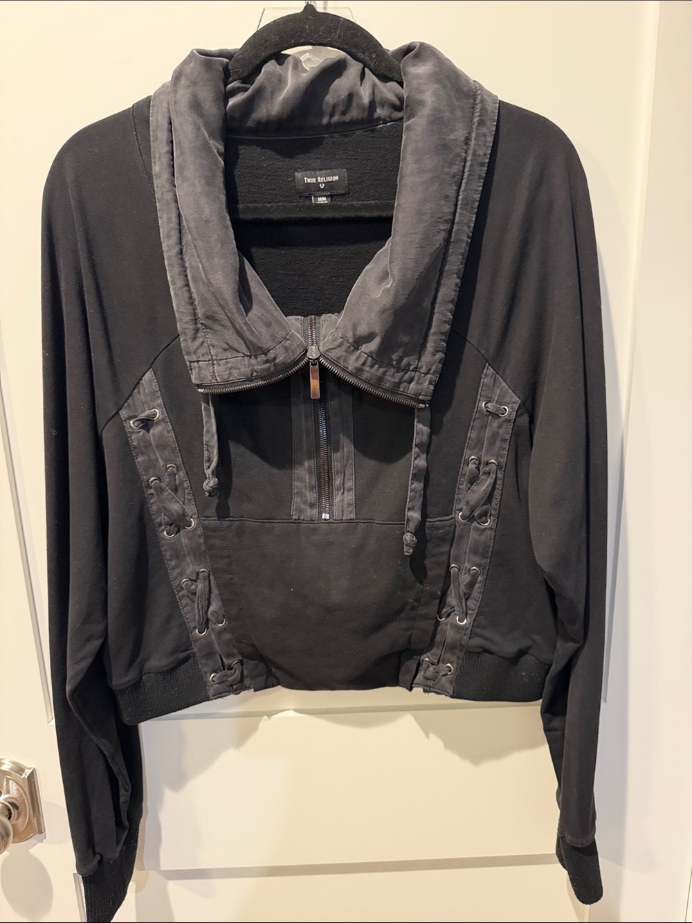 True Religion Black Lace-Up Cropped Pullover Hoodie